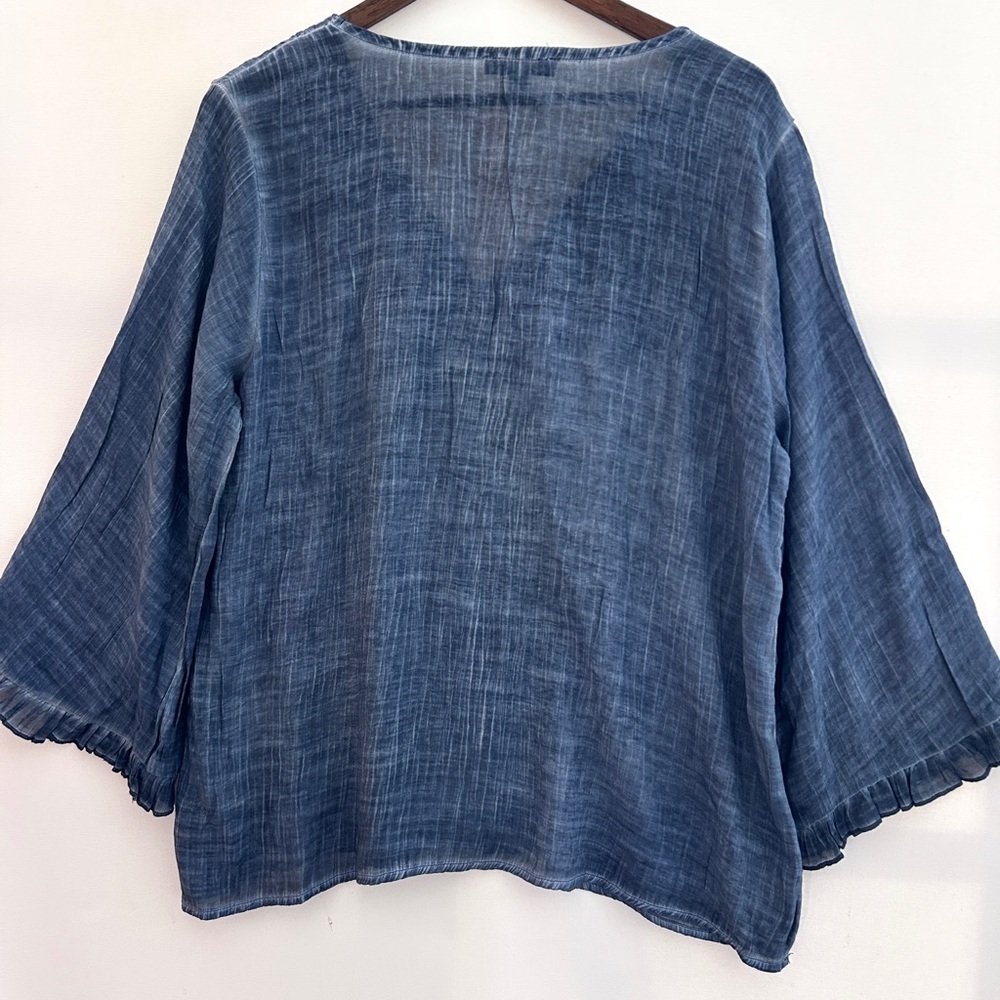 Macllyn Blue Gauze Lace V-Neck Blouse Size L Boho Peasant Top - Picture 5 of 7